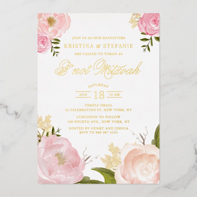 Invitation En Aluminium Aquarelle Blush Peony rose Floral B'not Mitzvah (Recto)