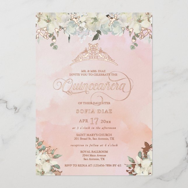 Invitation En Aluminium Aquarelle Blush rose Quinceañera Floral (Recto)