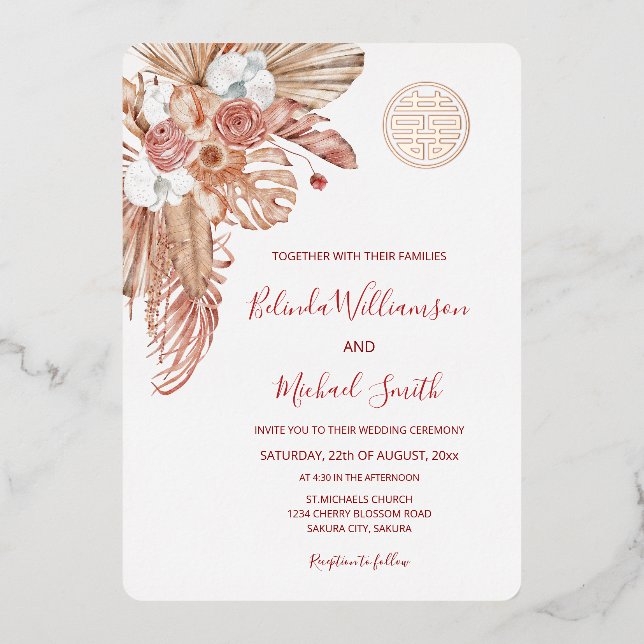 Invitation En Aluminium Aquarelle Boho Fleurs Mariage chinois (Recto)