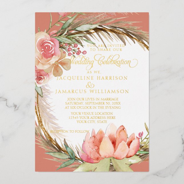 Invitation En Aluminium Aquarelle Boho Floral Dusty Pampas Rose Or (Recto)