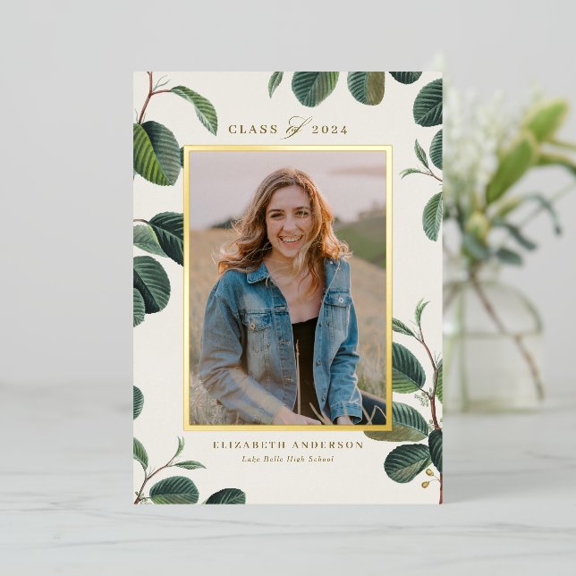 Invitation En Aluminium Aquarelle Botanique Feuille Beige Photo Graduation (Debout devant)