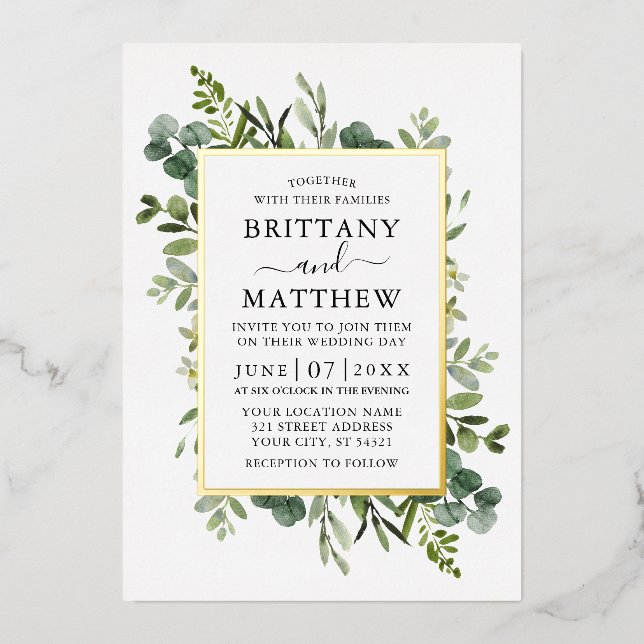 Invitation En Aluminium Aquarelle Botanique Verdure Mariage Or (Recto)