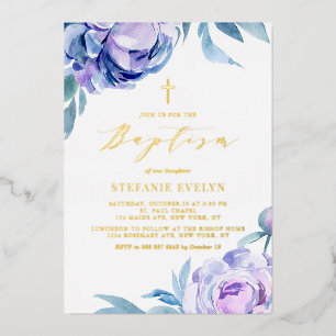 Invitation En Aluminium Aquarelle botanique Violet Peony Flowers Baptême