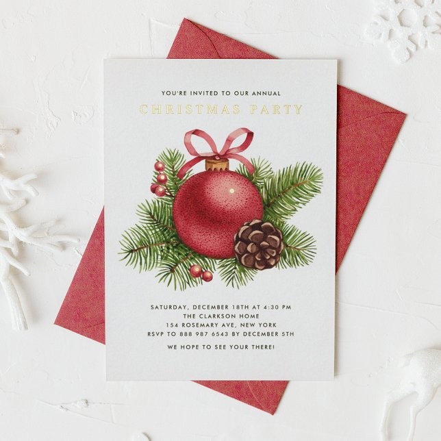 Invitation En Aluminium Aquarelle Boule rouge Ornement fête de Noël (Créateur téléchargé)