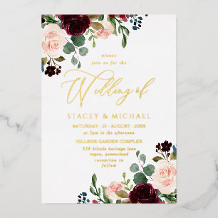 Invitation En Aluminium Aquarelle Bourgogne & Brousse Elégant Mariage Or