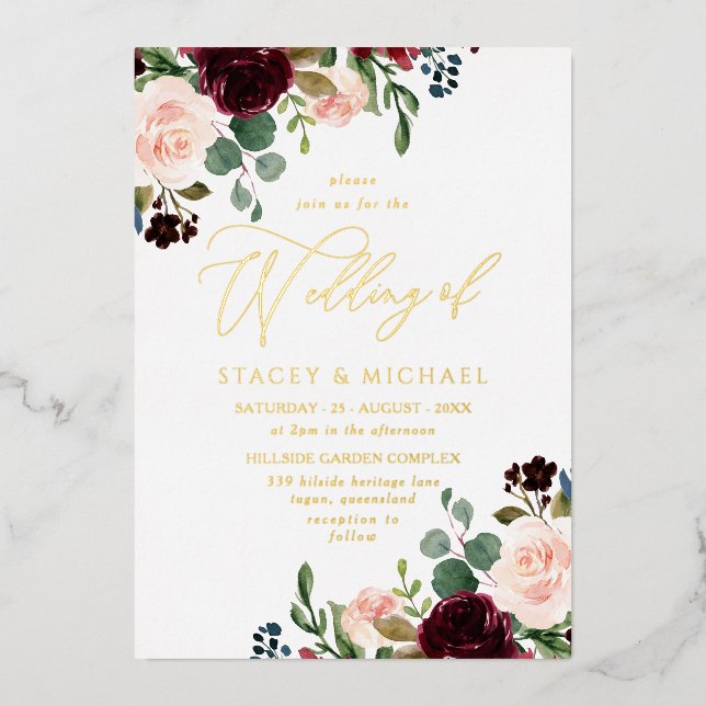 Invitation En Aluminium Aquarelle Bourgogne & Brousse Elégant Mariage Or (Recto)