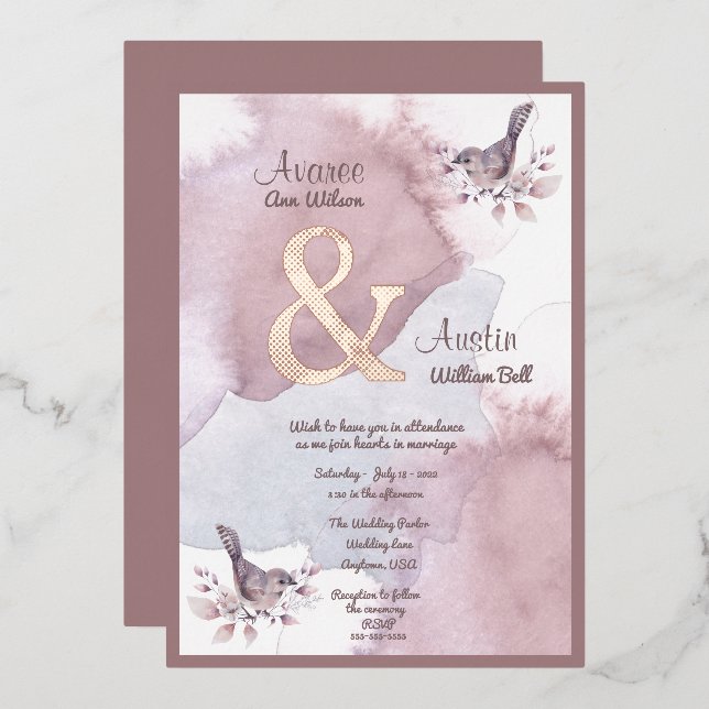 Invitation En Aluminium Aquarelle Bourgogne Dusty et Ampersand d'or Rose (Recto/Verso)