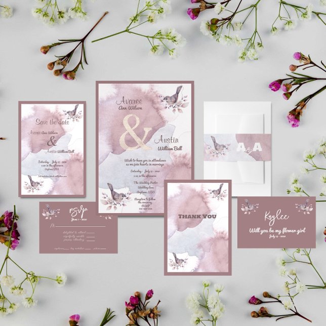 Invitation En Aluminium Aquarelle Bourgogne Dusty et Ampersand d'or Rose (Some products included in the wedding suite collection)