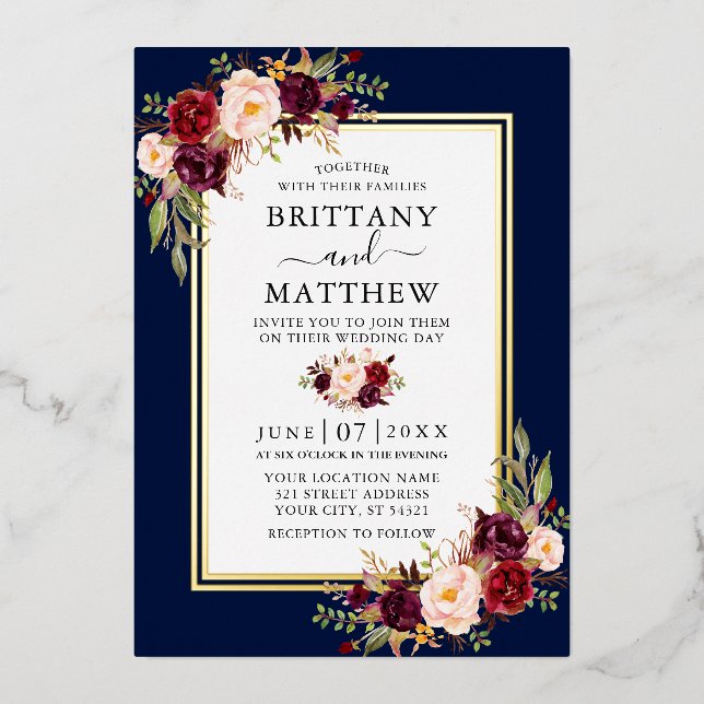 Invitation En Aluminium Aquarelle Bourgogne Floral Bleu 2 Frame Or (Recto)