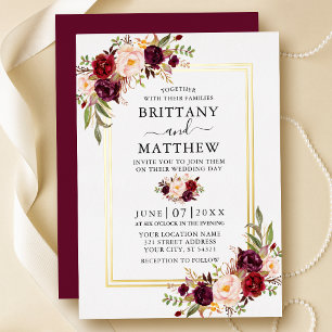 Invitation En Aluminium Aquarelle Bourgogne Floral Mariage 2 Frame Gold