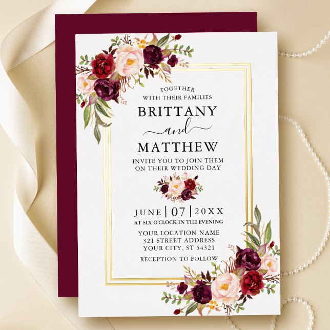 Invitation En Aluminium Aquarelle Bourgogne Floral Mariage 2 Frame Gold (Customize to change text size, text style or color of back of card.)
