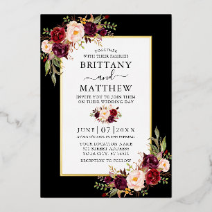 Invitation En Aluminium Aquarelle Bourgogne Floral Mariage Black Gold