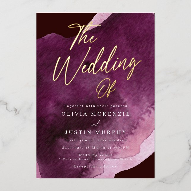 Invitation En Aluminium Aquarelle Bourgogne Or Mariage moderne (Recto)