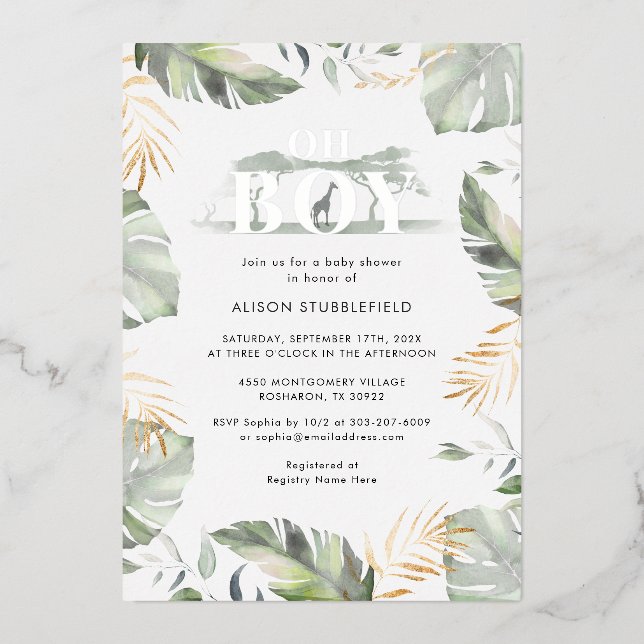 Invitation En Aluminium Aquarelle Boy Palm Safari Baby shower Argent (Recto)