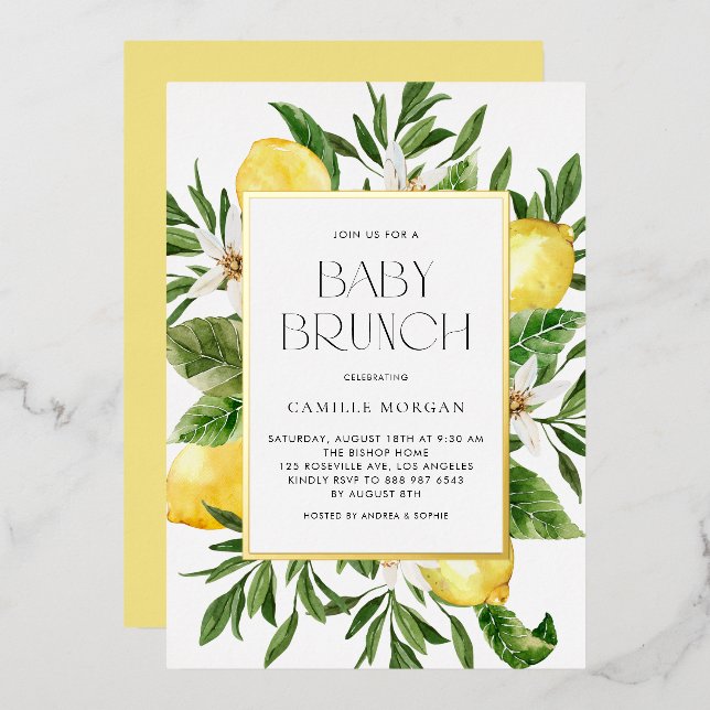 Invitation En Aluminium Aquarelle Cadre citron Brunch botanique pour bébé (Recto/Verso)