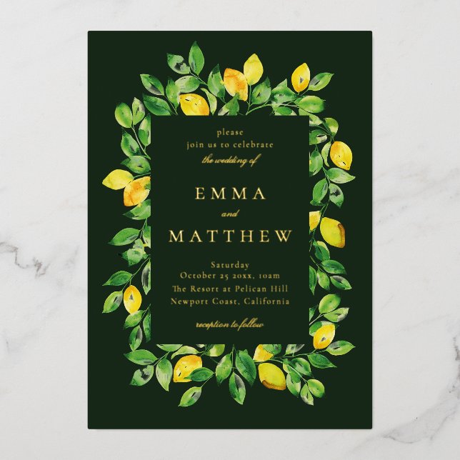 Invitation En Aluminium Aquarelle Cadre citron en Arrière - plan foncé (Recto)