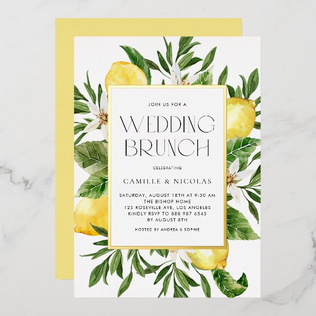 Invitation En Aluminium Aquarelle Cadre citron Mariage botanique Brunch (Recto/Verso)