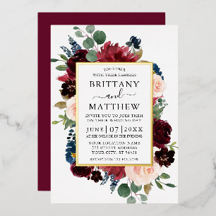 Invitation En Aluminium Aquarelle Cadre Floral Mariage Bourgogne Or