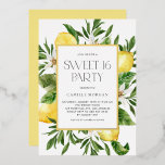 Invitation En Aluminium Aquarelle Citron Cadre Botanique Douceur 16 Partie<br><div class="desc">Invités Invitations à votre événement avec cette invitation sucrée personnalisable de 16 fêtes. Il présente un cadre aquarelle de citrons et de fleurs de citrons avec typographie moderne. Personnalisez cette invitation sucrée de feuille d'or 16 en ajoutant vos détails. Cette invitation au citron sweet sixteen est parfaite pour les anniversaires...</div>