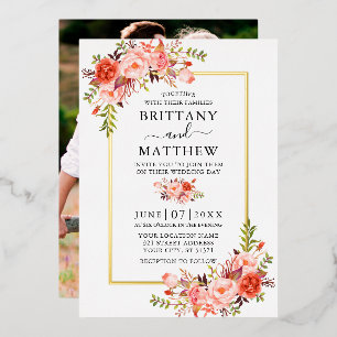 Invitation En Aluminium Aquarelle Coral Floral Photo Mariage Or