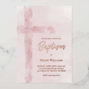 Invitation En Aluminium aquarelle croix rose Baptême