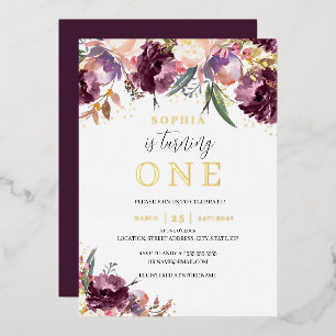 Invitation En Aluminium Aquarelle dorée pourpre Florale fille 1er annivers