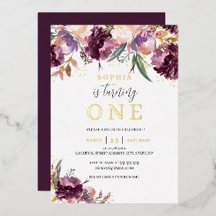 Invitation En Aluminium Aquarelle dorée violet Floral Girl 1er anniversair