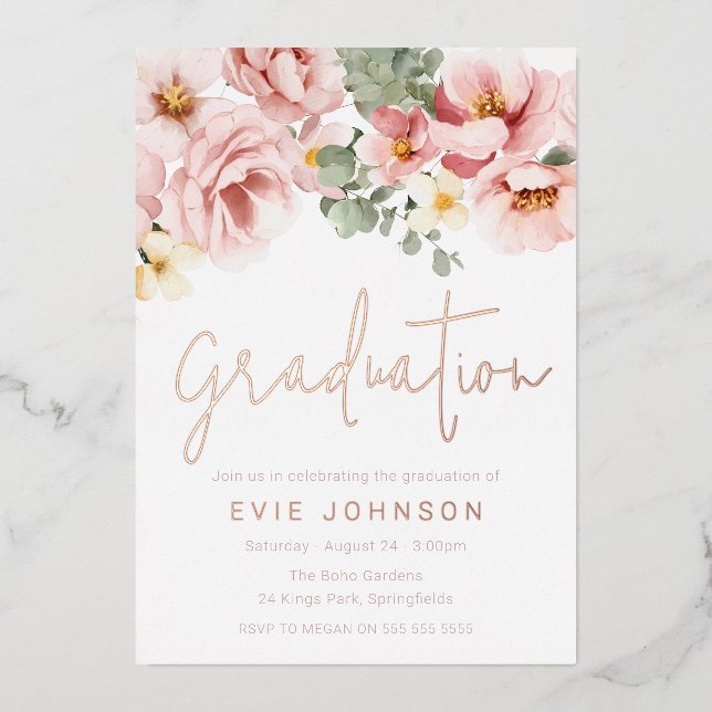 Invitation En Aluminium Aquarelle Dusty Rose Floral Graduation Rose Or (Recto)