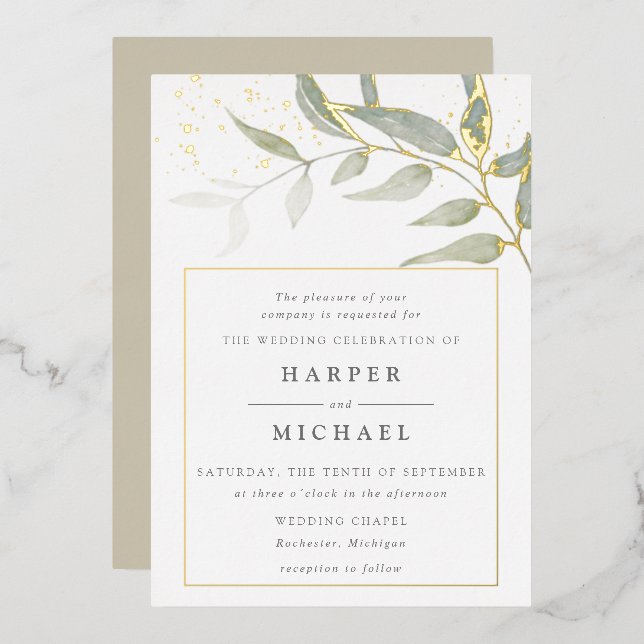 Invitation En Aluminium Aquarelle feuille or shimmer feuille mariage invit (Recto/Verso)