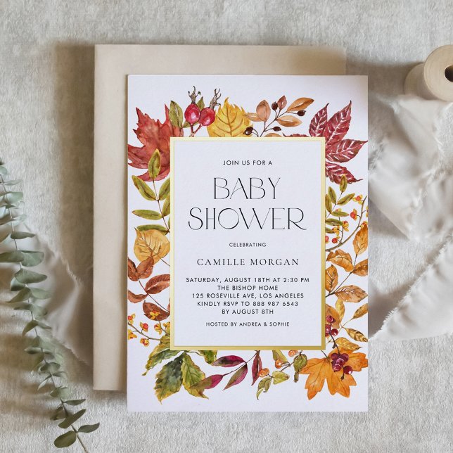 Invitation En Aluminium Aquarelle Feuilles Automne Cadre Baby shower Autom (Customizable Gold Foil Autumn Baby Shower Invitation with Watercolor Foliage Frame)