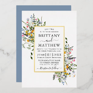 Invitation En Aluminium Aquarelle Fleur sauvage Mariage Dusty Blue Gold