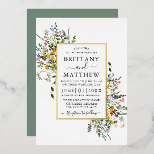 Invitation En Aluminium Aquarelle Fleur sauvage Mariage Sage Vert Or