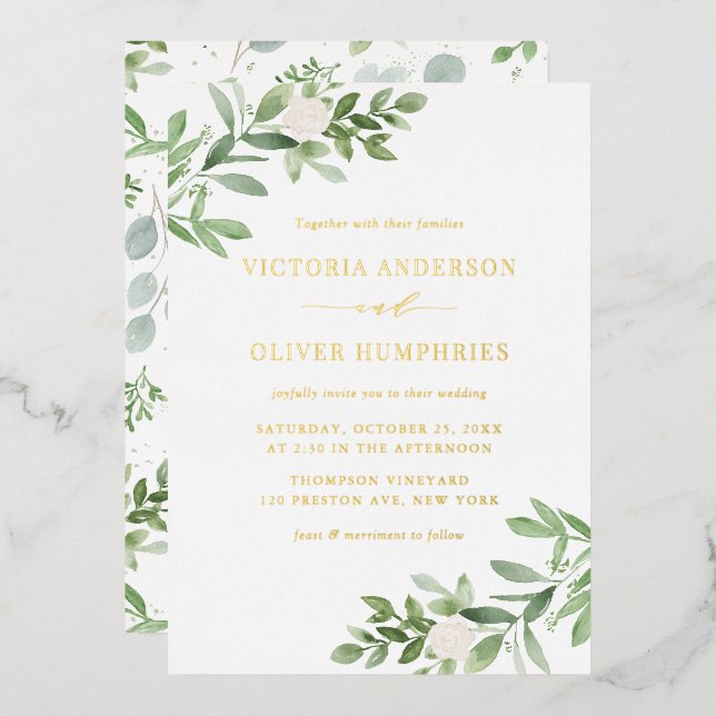 Invitation En Aluminium Aquarelle Fleurs blanches et Mariage de verdure (Recto/Verso)