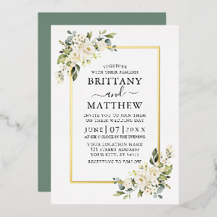 Invitation En Aluminium Aquarelle Fleurs Blanches Mariage Vert Sauge Or