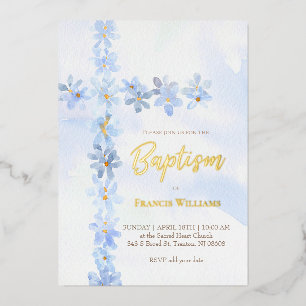 Invitation En Aluminium aquarelle fleurs bleues croisent Baptême