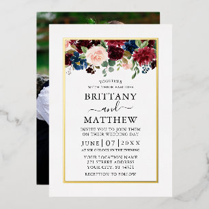 Invitation En Aluminium Aquarelle Fleurs Mixtes Photo Mariage Or