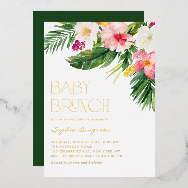 Invitation En Aluminium Aquarelle Fleurs tropicales Baby shower Brunch (Recto/Verso)