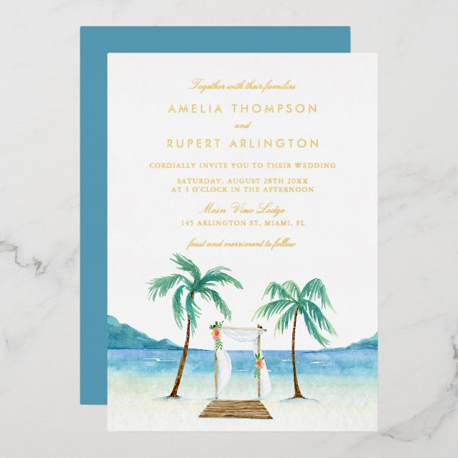 Invitation En Aluminium Aquarelle Floral Arbor Plage tropicale Mariage (Recto/Verso)