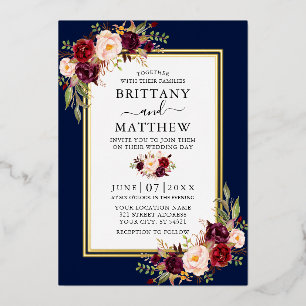 Invitation En Aluminium Aquarelle Floral Bordeaux Bleu 2 Cadre Or