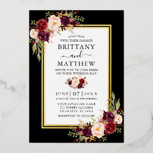 Invitation En Aluminium Aquarelle Floral Bordeaux Noir 2 Cadres Or