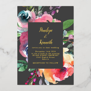 Invitation En Aluminium Aquarelle Floral Élégant Script Lux Mariage Gold