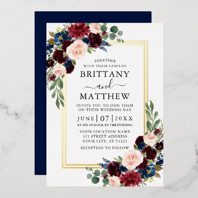 Invitation En Aluminium Aquarelle Floral Mariage Bleu 2 Frame Or (Recto/Verso)