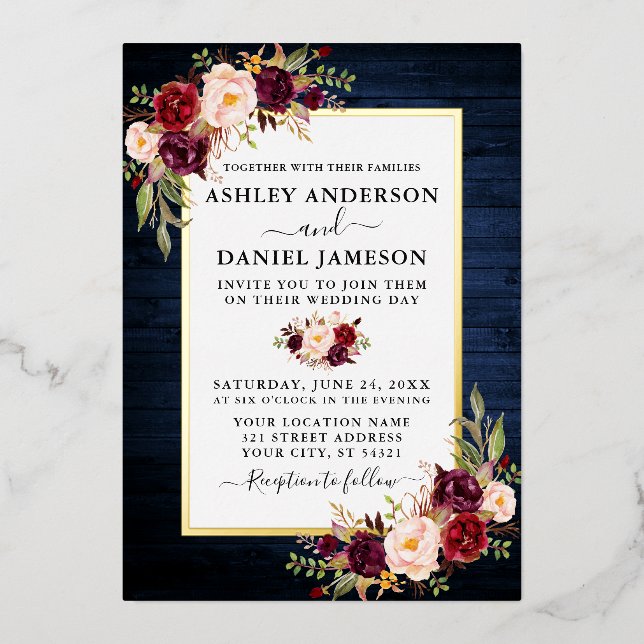Invitation En Aluminium Aquarelle Floral Mariage Bleu Bois Or (Recto)