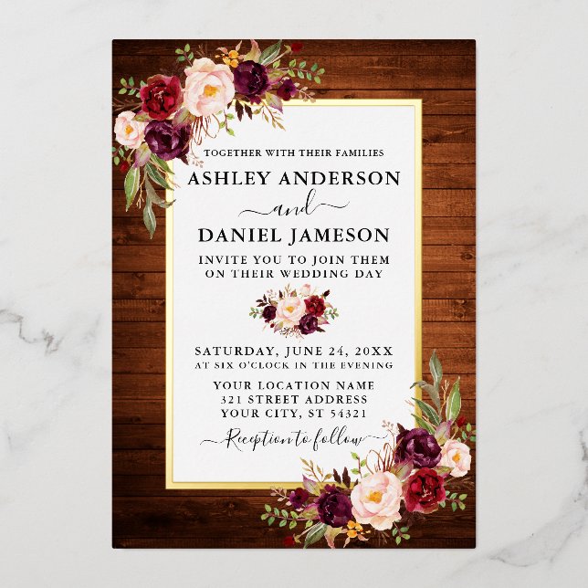 Invitation En Aluminium Aquarelle Floral Mariage Bois rustique Or (Recto)