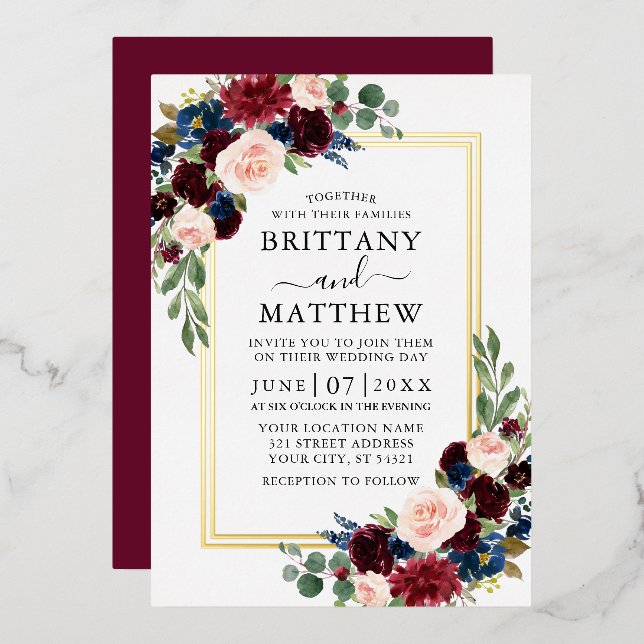 Invitation En Aluminium Aquarelle Floral Mariage Bourgogne 2 Frame Gold (Recto/Verso)
