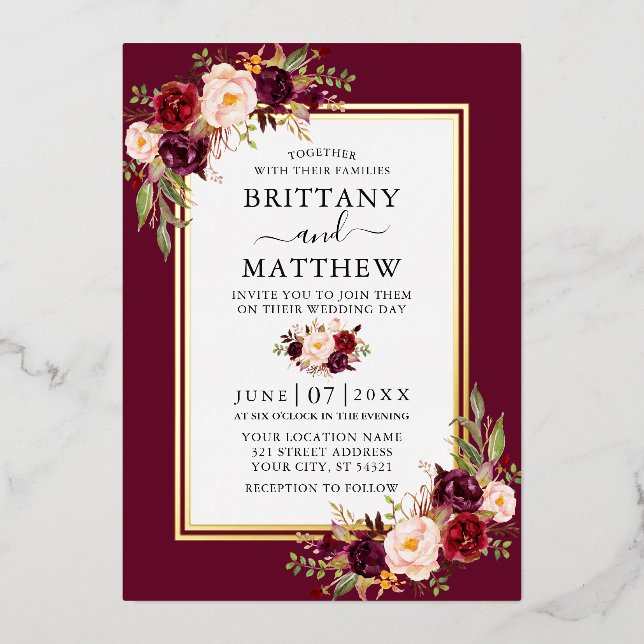 Invitation En Aluminium Aquarelle Floral Mariage Bourgogne 2 Frame Gold (Recto)