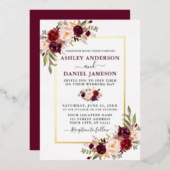 Invitation En Aluminium Aquarelle Floral Mariage Bourgogne Or (Recto/Verso)