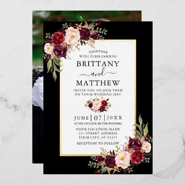 Invitation En Aluminium Aquarelle Floral Mariage photo Black Gold (Recto/Verso)