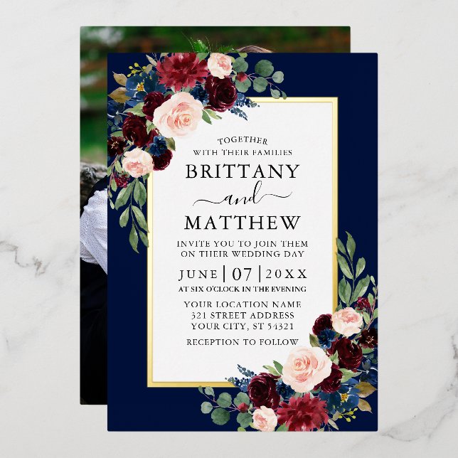 Invitation En Aluminium Aquarelle Floral Mariage photo bleu or (Recto/Verso)