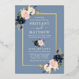 Invitation En Aluminium Aquarelle Floral Mariage rose Dusty bleu or